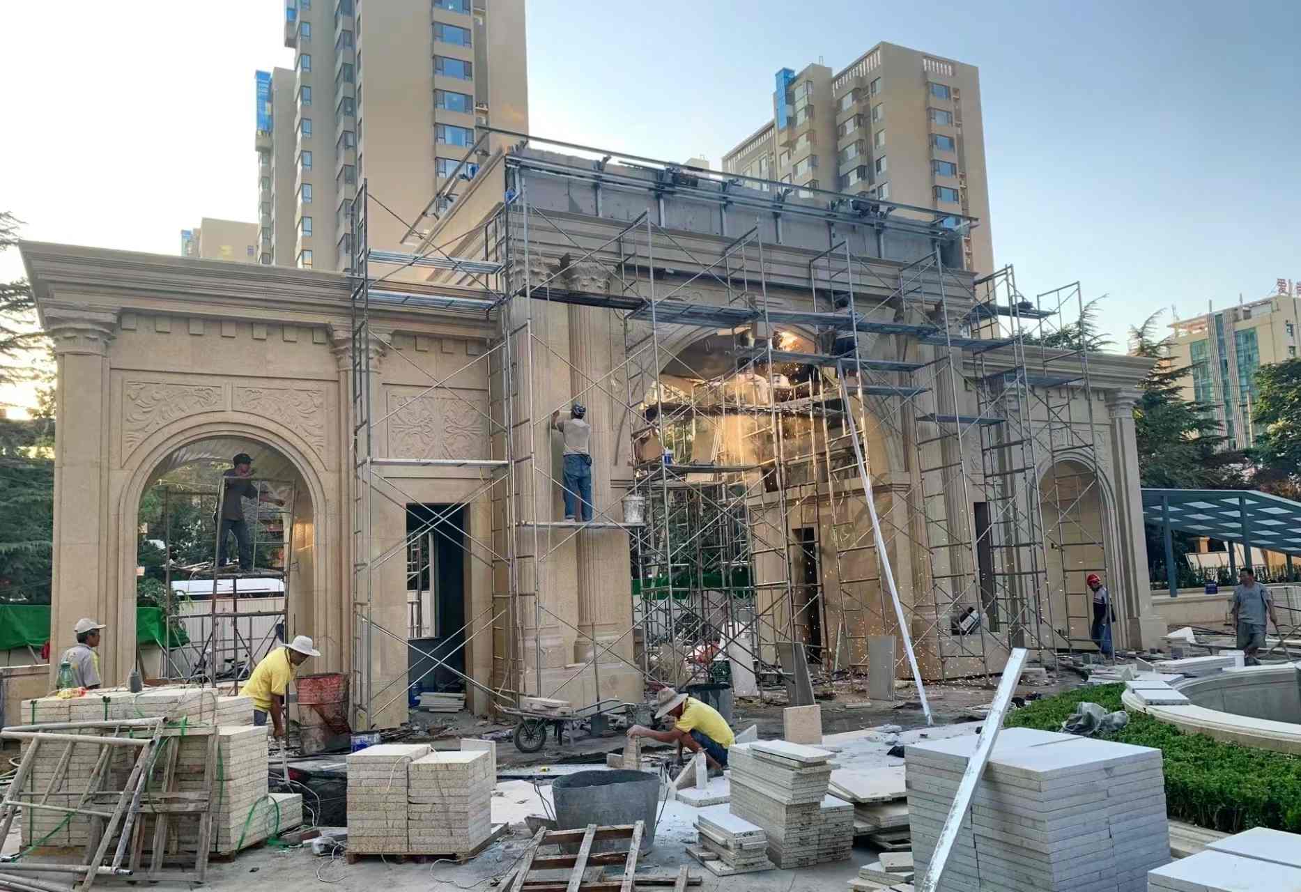 潍坊 黄金麻荔枝面花岗岩小区门楼外墙干挂